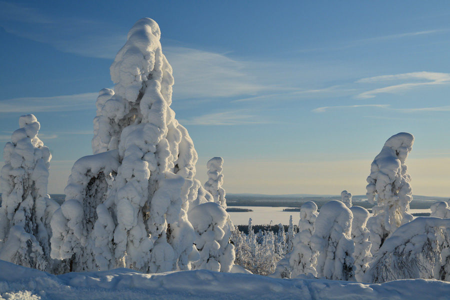 Uitzicht vanaf Posio, de bevroren meren van Fins Lapland