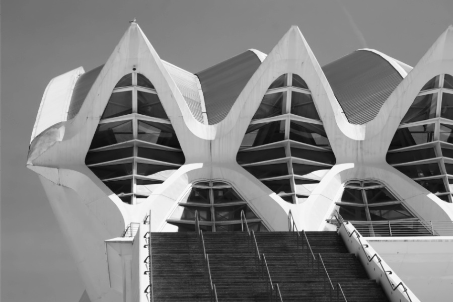 Stad van Kunst en Wetenschap, Valencia, ontworpen door Calatrava in zwart-wit