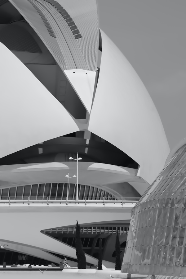 Stad van kunst en wetenschap, Valencia, architect Calatrava in zwart-wit